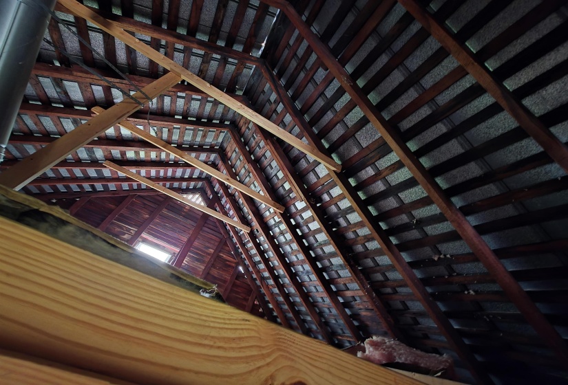 Exposed wooden rafters and ceiling joists