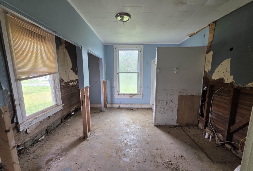 Spacious interior with exposed wall framing, two windows, and overhead lighting