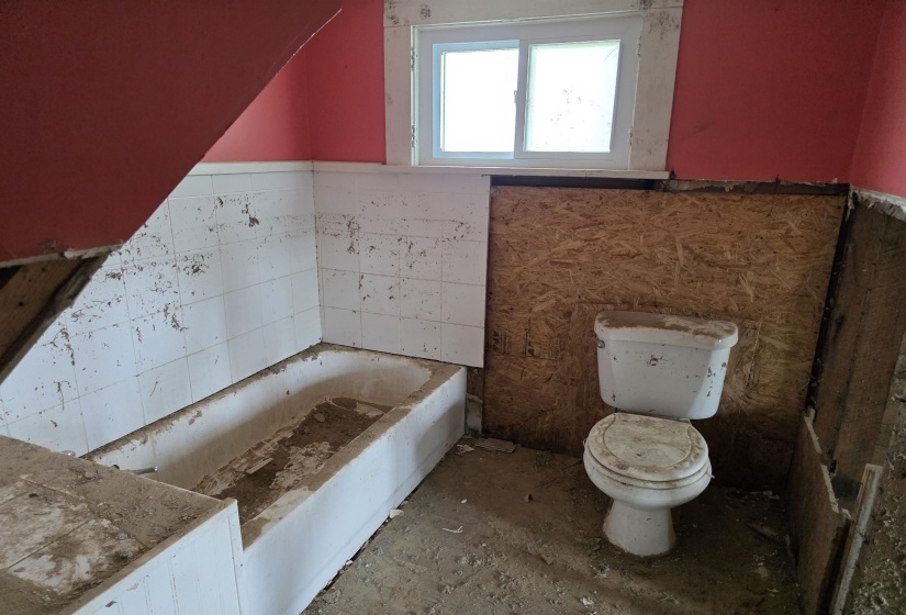 Bathroom space featuring a window, existing bathtub, and toilet