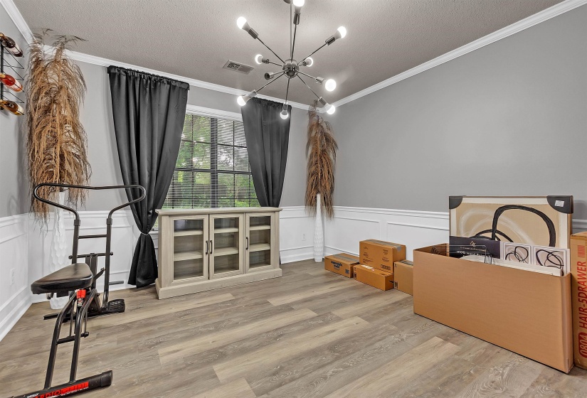 Spacious room featuring wood-finish flooring, wainscoting, and crown molding