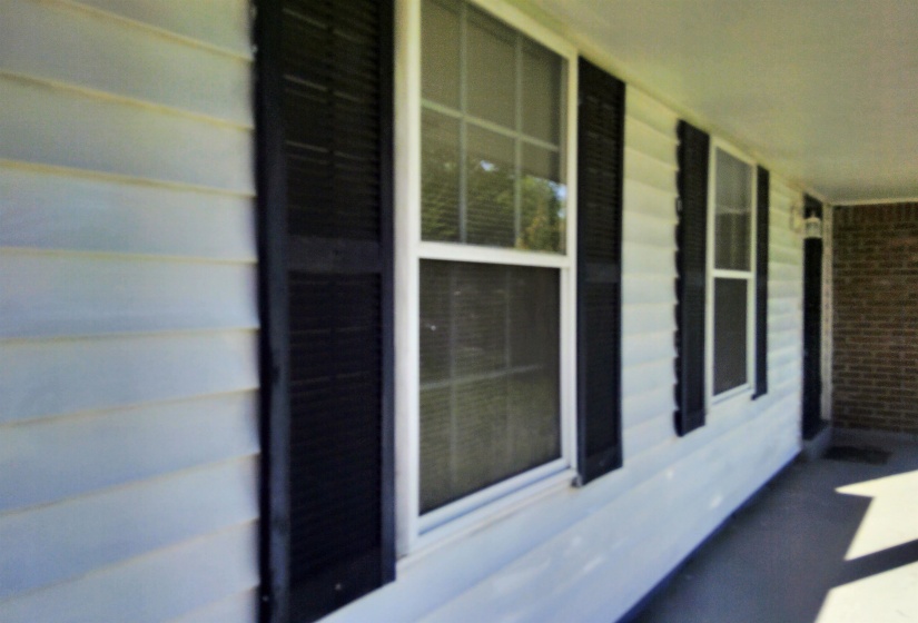 White horizontal siding exterior with black louvered shutters