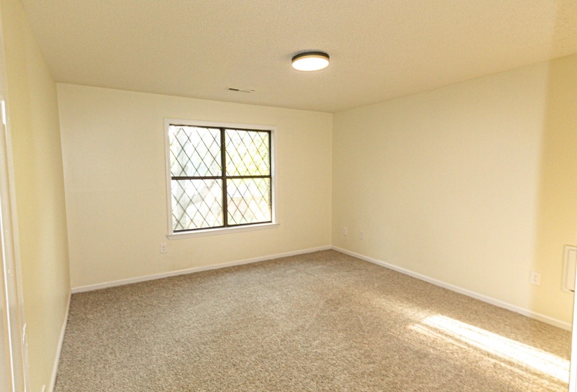 Carpeted room featuring a diamond-pane window, neutral wall paint, and a flush-mount ceiling light fixture
