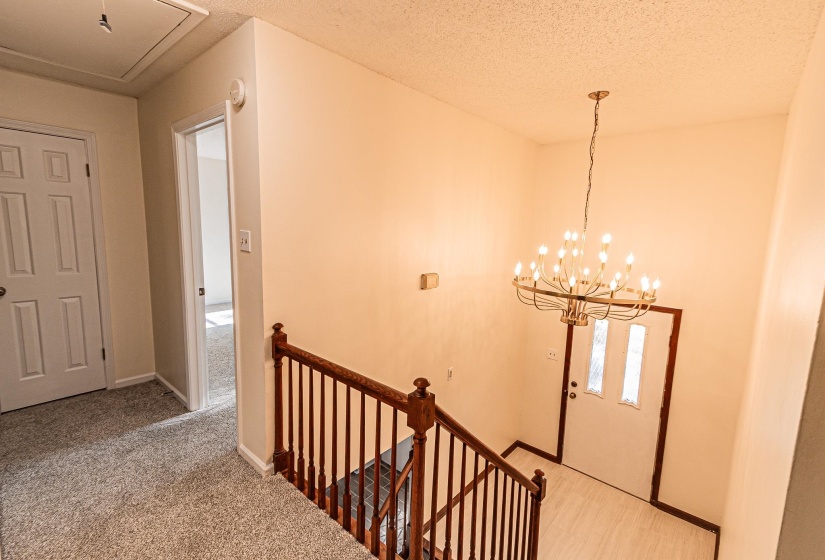 Entryway featuring a large chandelier, wood-finish flooring, and a white front door with decorative glass inserts