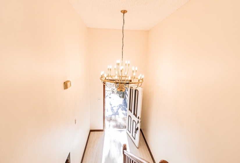 Entryway featuring a multi-bulb chandelier, light wood-finish flooring, and a white paneled door