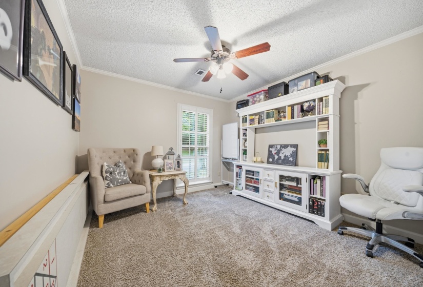 Carpeted interior space featuring a ceiling fan, crown molding, and a window with plantation shutters