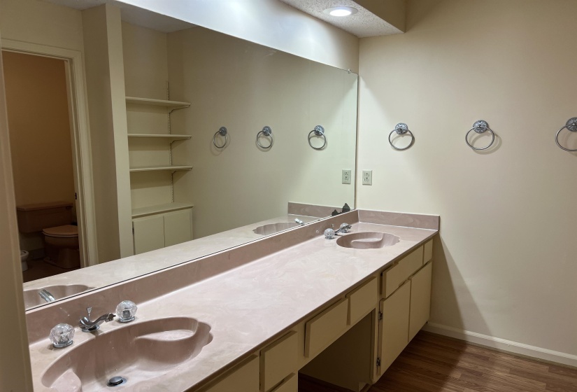 Bathroom with wood finished floors, toilet, baseboards, and a sink
