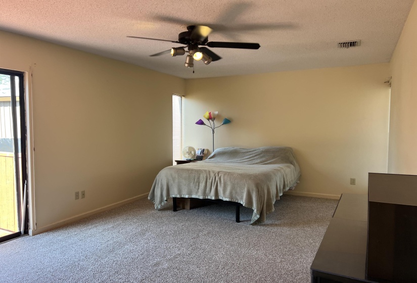 Bedroom with carpet, visible vents, and a textured ceiling