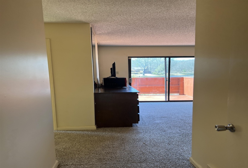 Corridor featuring baseboards, carpet, and a textured ceiling and Sliding Doors leading to the patio and lake.