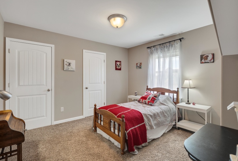 Carpeted room with a ceiling light fixture, two white paneled doors, and a window with sheer curtains