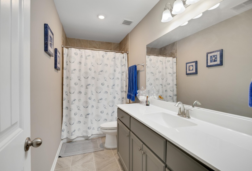 Full bathroom featuring a single vanity with extensive countertop space, integrated sink, and brushed nickel faucet
