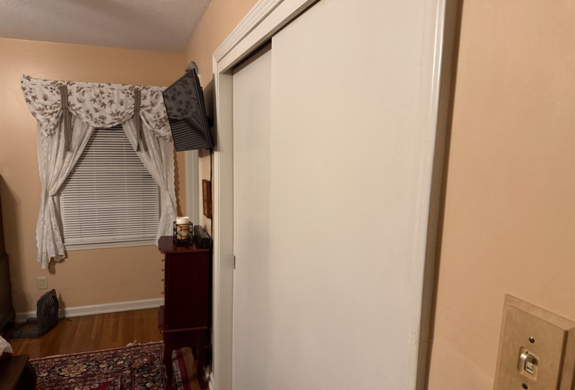 Sliding closet doors with a light wood-finish frame