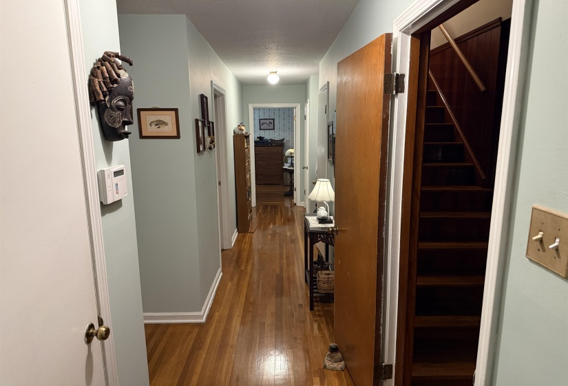 Hardwood flooring extends throughout the hallway, complemented by light-toned wall paint and white trim