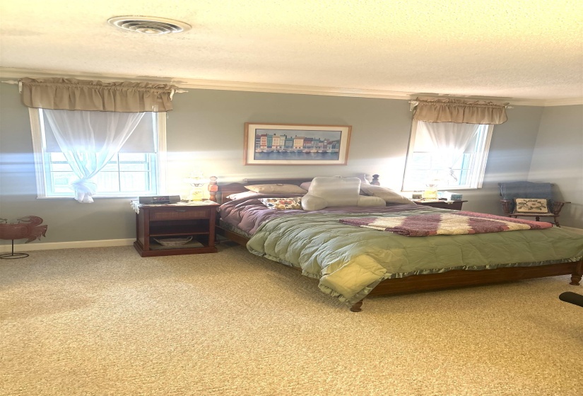 Room featuring two windows, crown molding, a ceiling vent, and wall-to-wall carpeting