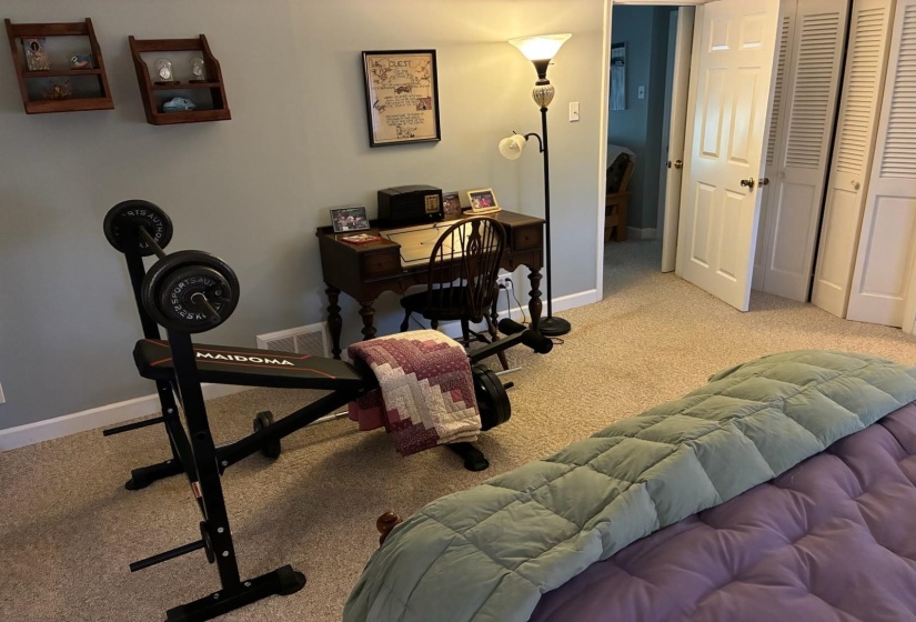Carpeted interior space featuring light gray walls and white baseboards