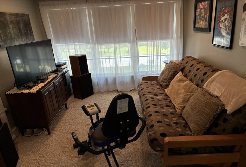 Carpeted room featuring multiple windows with sheer white curtains