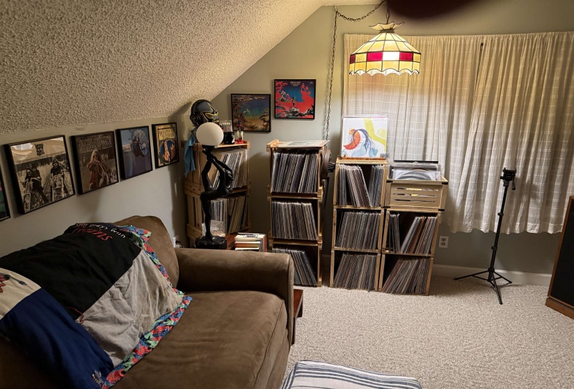 Carpeted room with a sloped ceiling and light green painted walls