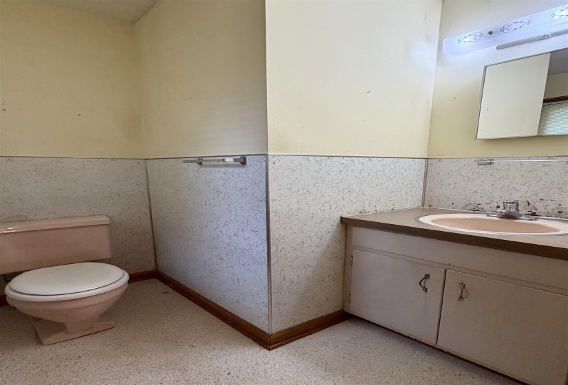 Bathroom featuring a blush-toned toilet and a vanity with an integrated sink