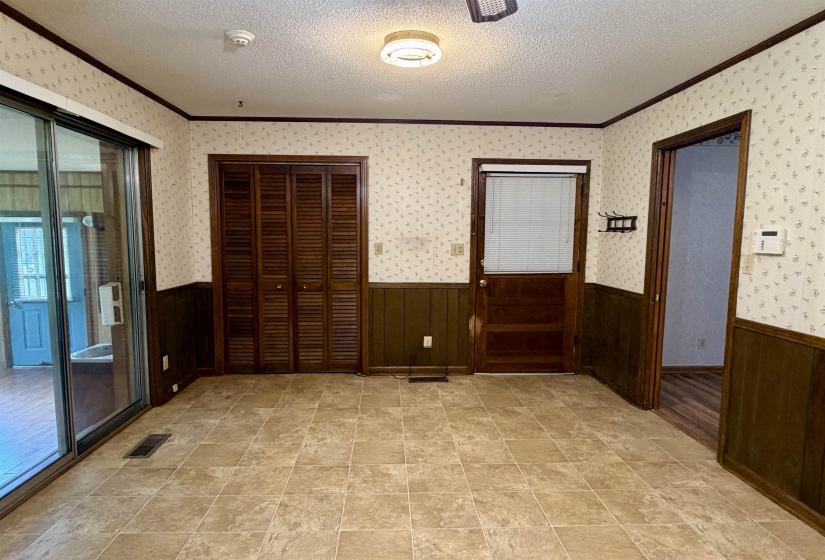 Neutral-toned square tile flooring throughout