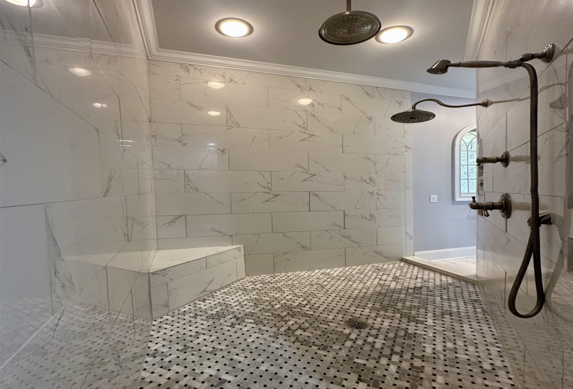 Full bath featuring walk in shower and ornamental molding