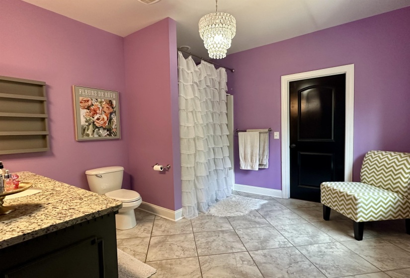 Full bath featuring a chandelier, a shower with curtain, and vanity