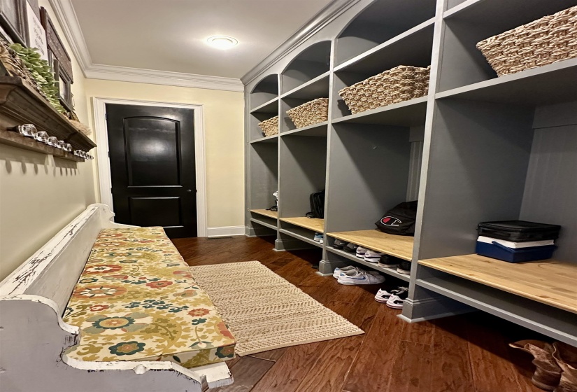 Mudroom with crown molding and dark wood finished floors