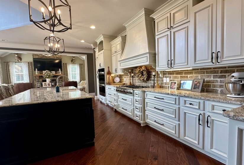 Kitchen featuring light stone countertops, decorative light fixtures, open floor plan, dark wood-style flooring, and white cabinetry
