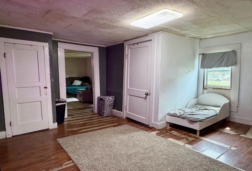 Hardwood-style flooring, white paneled interior doors, and a rectangular ceiling light fixture