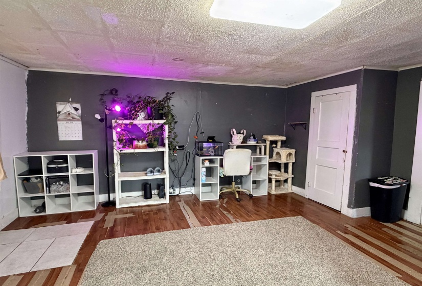 Room featuring mixed flooring surfaces, painted walls, and a ceiling-mounted light fixture