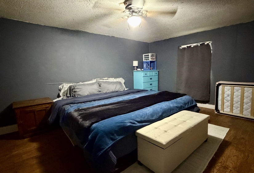 Wood-finish flooring anchors this room, featuring dark-painted walls and a ceiling fan with integrated lighting