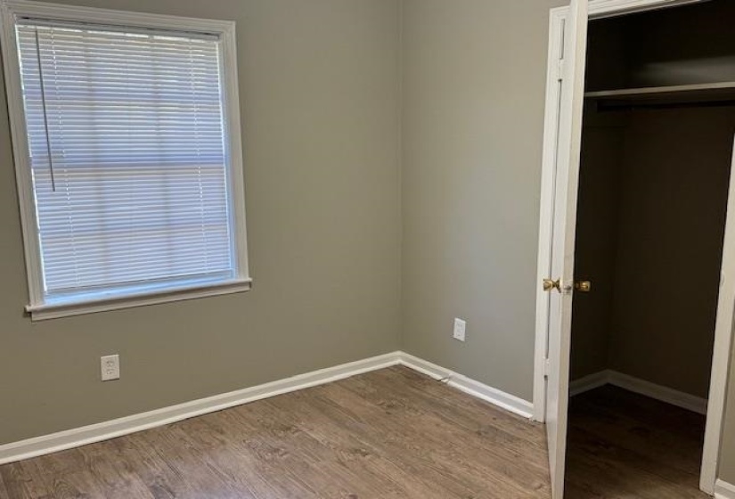 Unfurnished bedroom featuring multiple windows, a closet, and hardwood / wood-style flooring