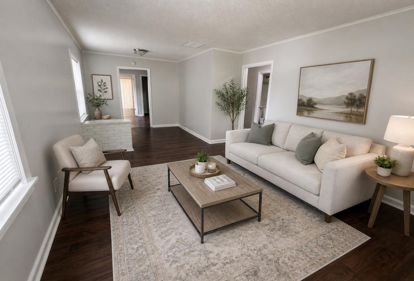 Spacious living area featuring dark wood-finish flooring, light gray walls, and white baseboards