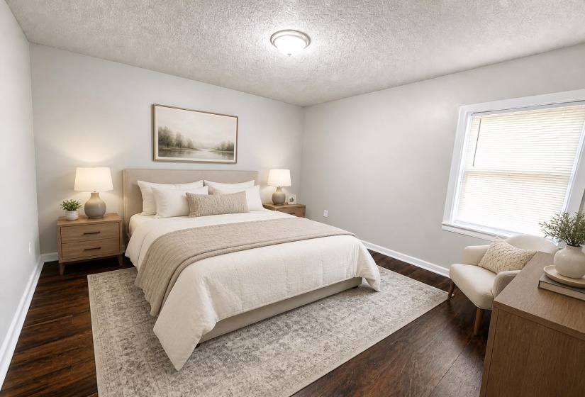 Rich wood-finish flooring complements light wall tones in this room featuring a window with blinds, recessed lighting, and a ceiling-mounted light fixture