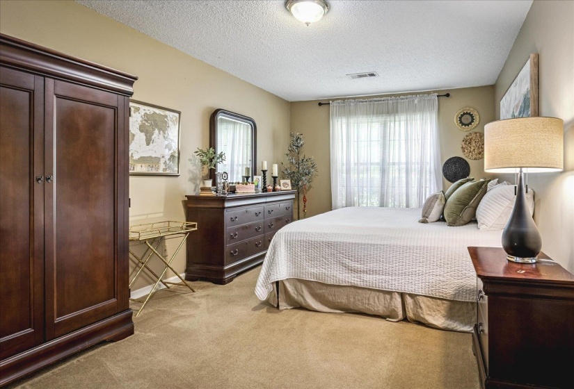 Carpeted bedroom featuring a large window with sheer drapes, a flush mount ceiling light, and neutral-toned walls