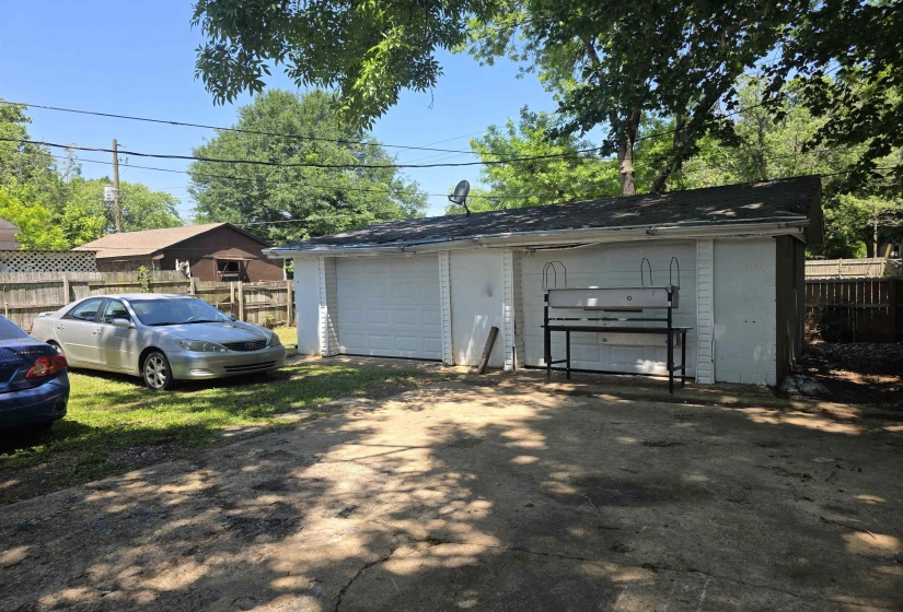 Two-car garage featuring white paneled doors and a white stucco exterior