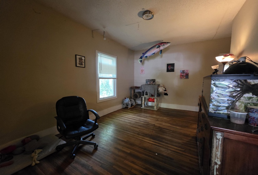 Room featuring wood-finish flooring, neutral wall paint, and a white-framed window