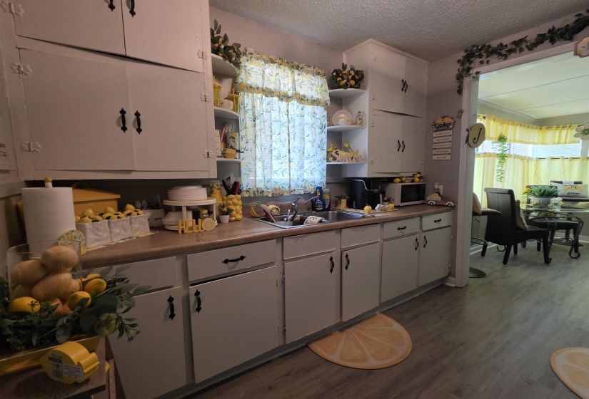 Kitchen featuring white cabinetry with black hardware
