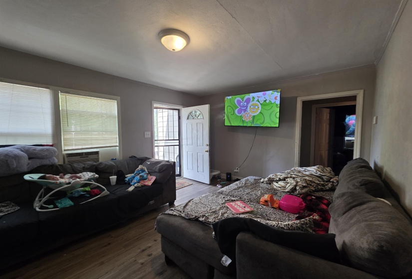 Living area featuring neutral wall tones, two windows with blinds, and wood-finish flooring