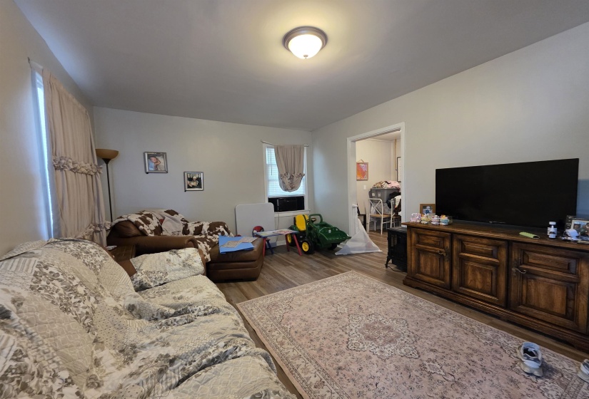 Living area featuring wood-finish flooring, light-colored walls, and a ceiling-mounted light fixture