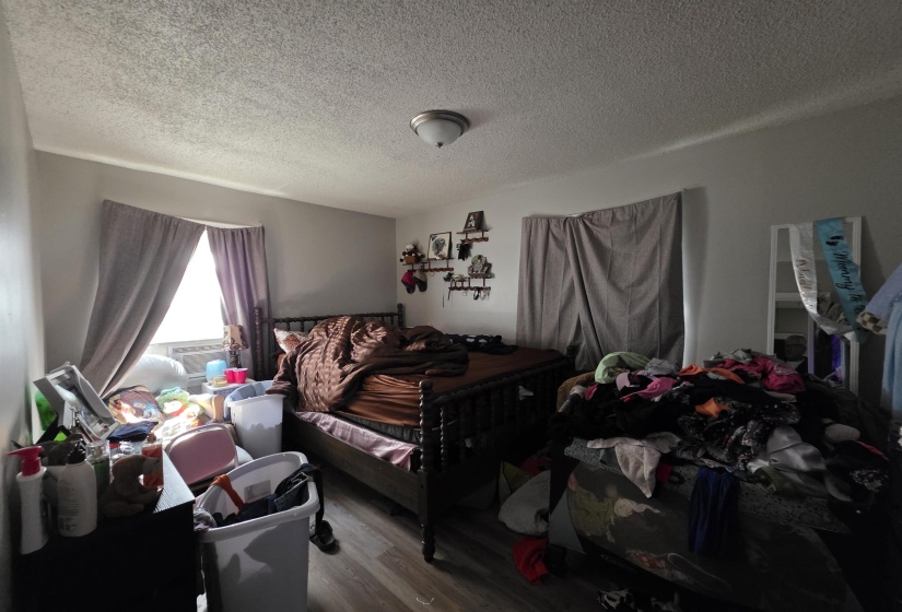 Room featuring wood-finish flooring, light grey painted walls, and a textured ceiling