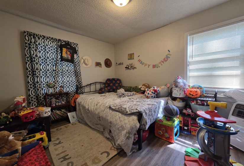 Bedroom featuring wood-finish flooring, a window with horizontal blinds, and a ceiling-mounted light fixture