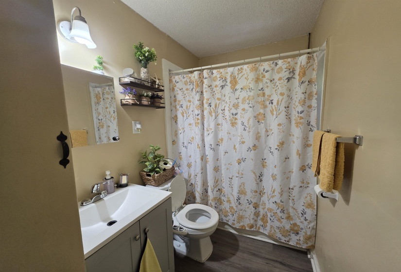 Bathroom featuring a single vanity with a white basin and gray cabinetry, a wall-mounted mirror, a toilet, a full shower with a white curtain rod, and wood-finish flooring