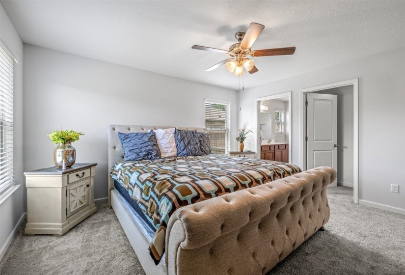 Carpeted bedroom featuring a ceiling fan with light fixture, window with blinds, and an open doorway revealing a bathroom with a wood-finish vanity