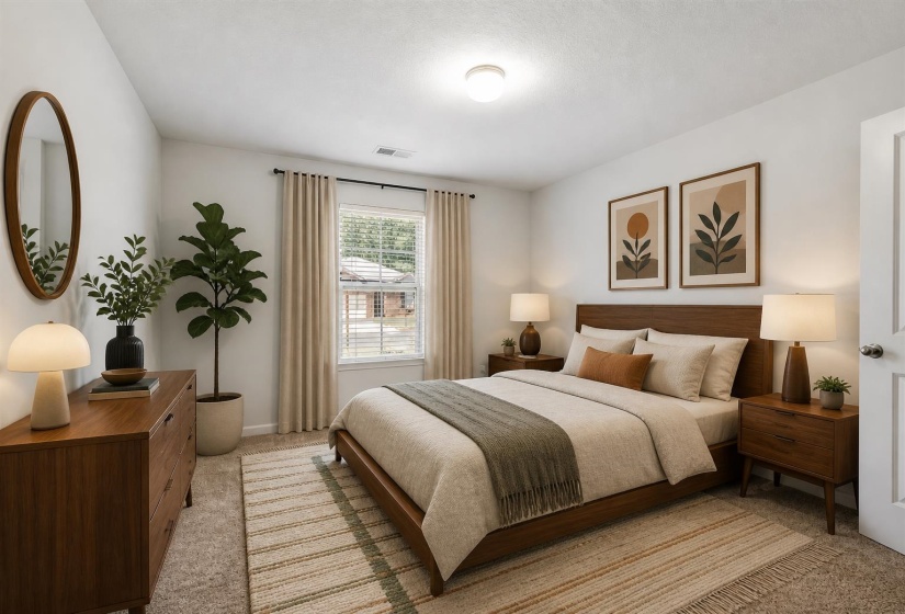 Spacious room featuring neutral carpeting, a large window with blinds and drapes, and a flush-mount ceiling light