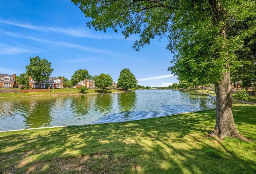 Expansive lakefront setting featuring a broad body of water, lush green lawn, and mature trees providing natural shade