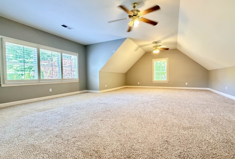 Expansive carpeted room featuring a series of three large windows with plantation shutters, a single window with blinds, and two ceiling fans