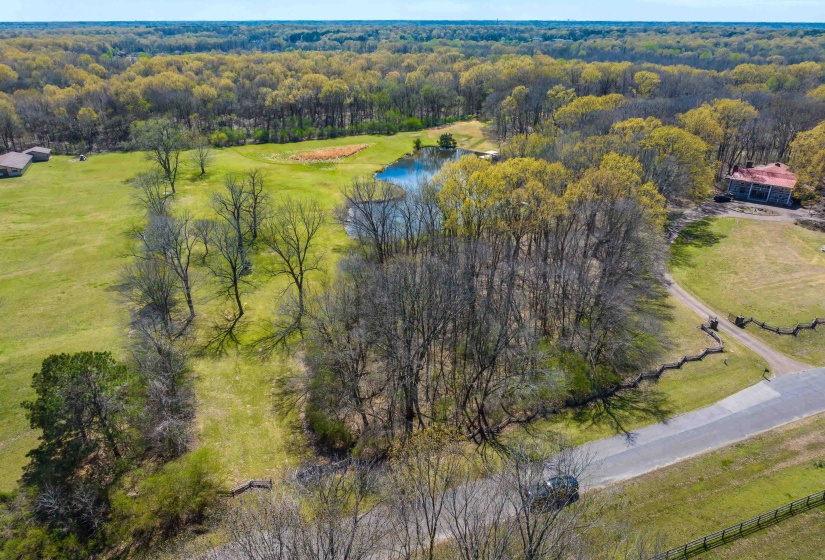 Drone / aerial view with a water view and a wooded view