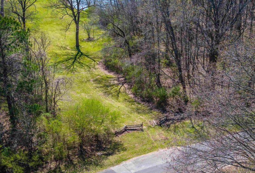 Drone / aerial view with a wooded view