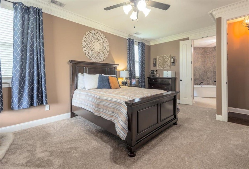 Spacious room featuring neutral carpeting and crown molding
