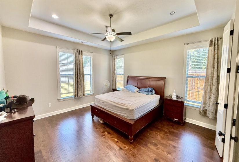 Bedroom featuring a raised ceiling, wood finished floors, and a ceiling fan