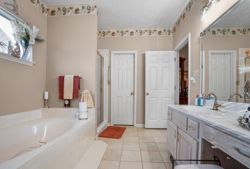 Spacious bathroom featuring a built-in soaking tub, separate shower enclosure with a glass door, and a vanity with a countertop and integrated sink
